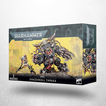 Warhammer 40.000 Orks Ghazghkull Thraka Miniaturen-Set mit Ghazghkull Thraka und Makari auf der Produktverpackung