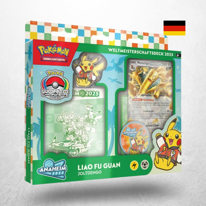 Pokémon WCD 2025 Weltmeisterschaftsdeck mit Sammelkarten, Zubehör und Anaheim 2025 Pokémon World Championships Design in deutscher Sprache.