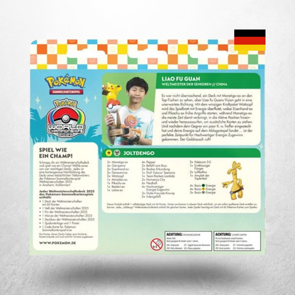 Pokémon WCD 2025 Weltmeisterschaftsdeck mit Sammelkarten, Zubehör und Anaheim 2025 Pokémon World Championships Design in deutscher Sprache.