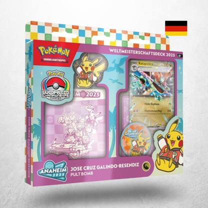 Pokémon WCD 2025 Weltmeisterschaftsdeck mit Sammelkarten, Zubehör und Anaheim 2025 Pokémon World Championships Design in deutscher Sprache.