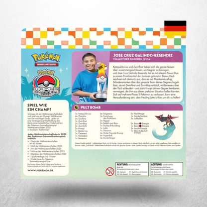 Pokémon WCD 2025 Weltmeisterschaftsdeck mit Sammelkarten, Zubehör und Anaheim 2025 Pokémon World Championships Design in deutscher Sprache.