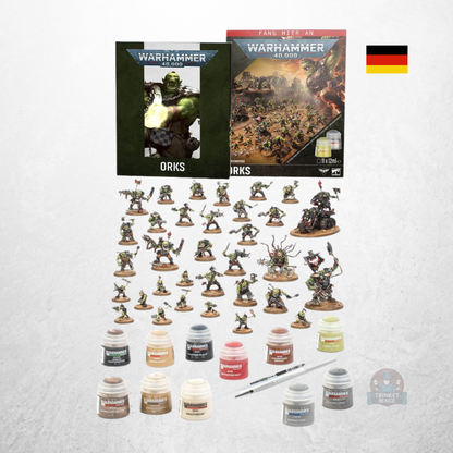 Warhammer 40.000 Dein Einstieg Orks Deutsch mit Ork-Miniaturen, Farben, Pinsel, Begleitheft und Produktverpackung.