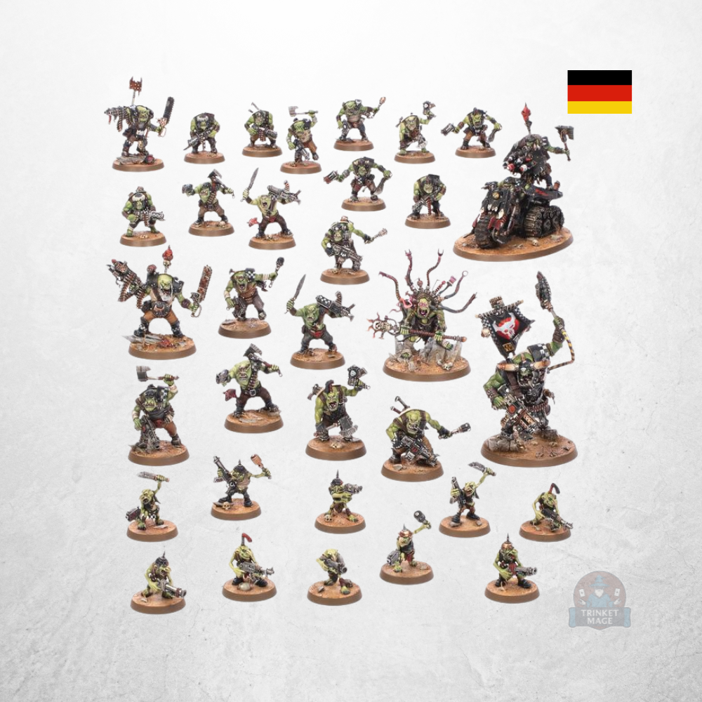 Warhammer 40.000 Dein Einstieg Orks Deutsch mit Ork-Miniaturen, Gretchins und Fahrzeug als Produktinhalt.