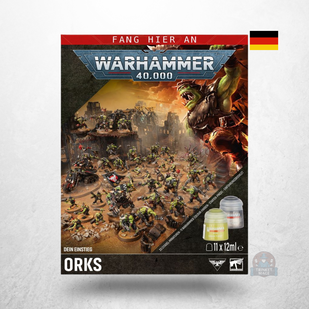 Warhammer 40.000 Dein Einstieg Orks Deutsch in der Produktverpackung mit Ork-Miniaturen, Farben und Pinsel.
