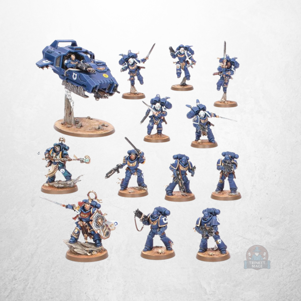 Warhammer 40.000 Dein Einstieg Space Marines Deutsch mit Space-Marine-Miniaturen und Gleitfahrzeug als Produktinhalt.
