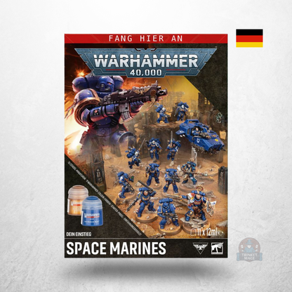 Warhammer 40.000 Dein Einstieg Space Marines Deutsch in der Produktverpackung mit Miniaturen, Farben und Pinsel.