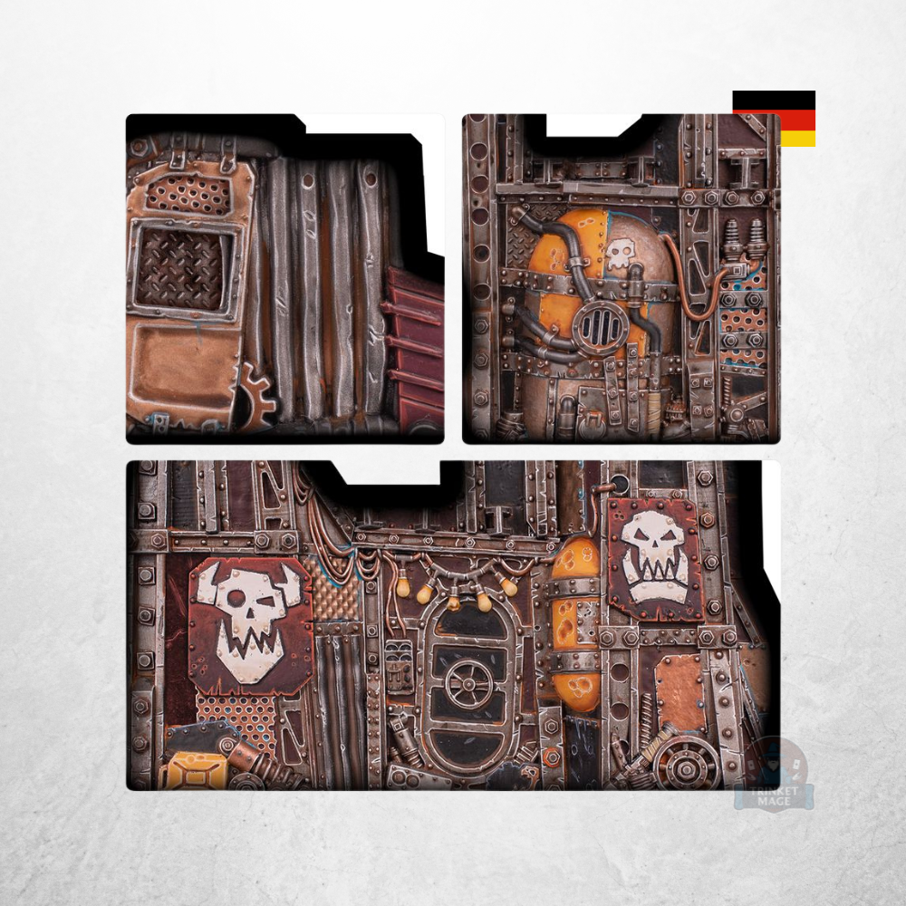 Geländeteile aus dem Warhammer 40.000 Einsteigerset (40-04) mit Industrie- und Ork-Details.