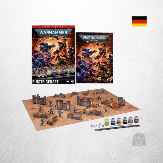 Inhalt des Warhammer 40.000 Einsteigersets (40-04) mit Miniaturen, Gelände, Spielmatte, Citadel-Farben und Spielzubehör.