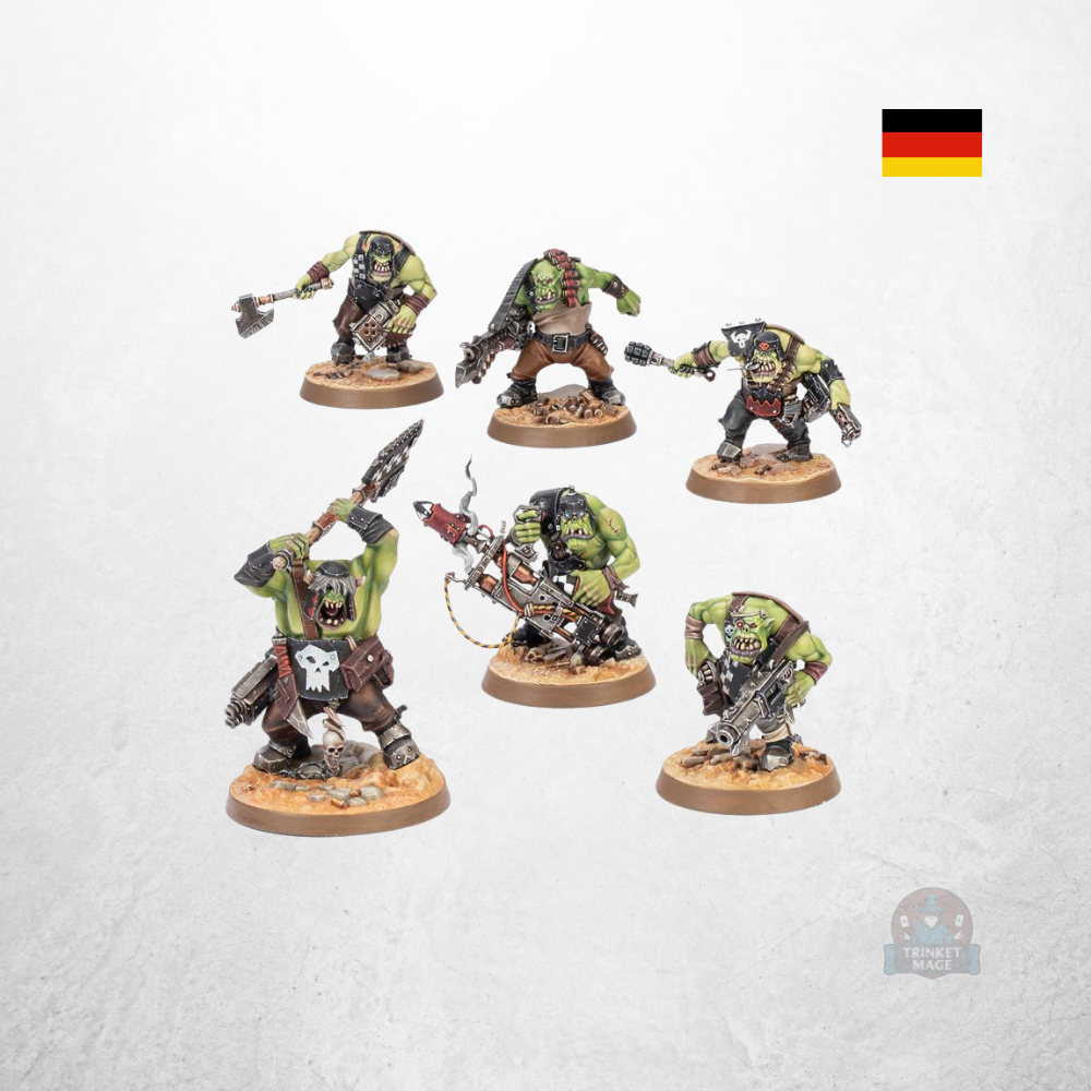 Ork-Miniaturen aus dem Warhammer 40.000 Einsteigerset (40-04) in bemaltem Zustand.