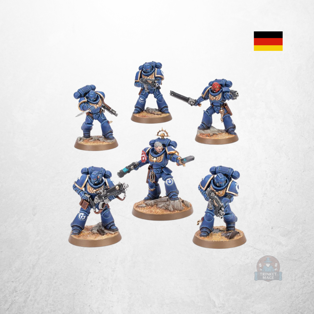 Space-Marines-Miniaturen aus dem Warhammer 40.000 Einsteigerset (40-04) in bemaltem Zustand.