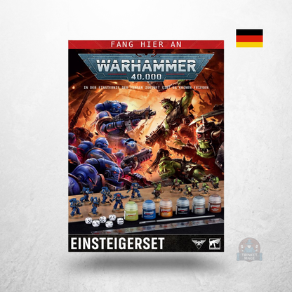 Verpackung des Warhammer 40.000 Einsteigersets (40-04) mit Space Marines, Orks, Citadel-Farben und Würfeln.