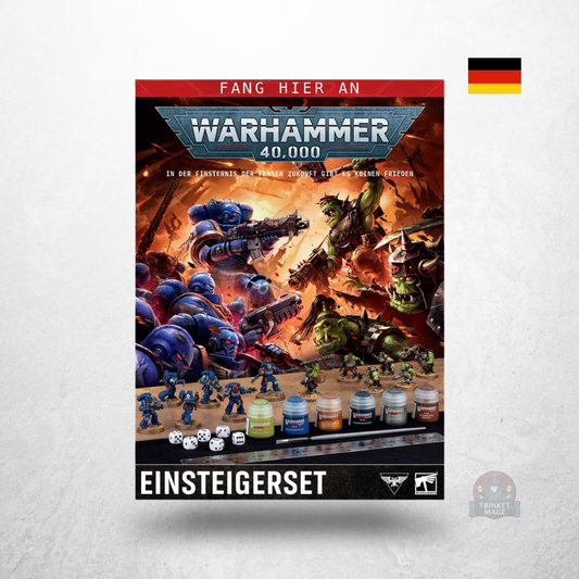 Verpackung des Warhammer 40.000 Einsteigersets (40-04) mit Space Marines, Orks, Citadel-Farben und Würfeln.