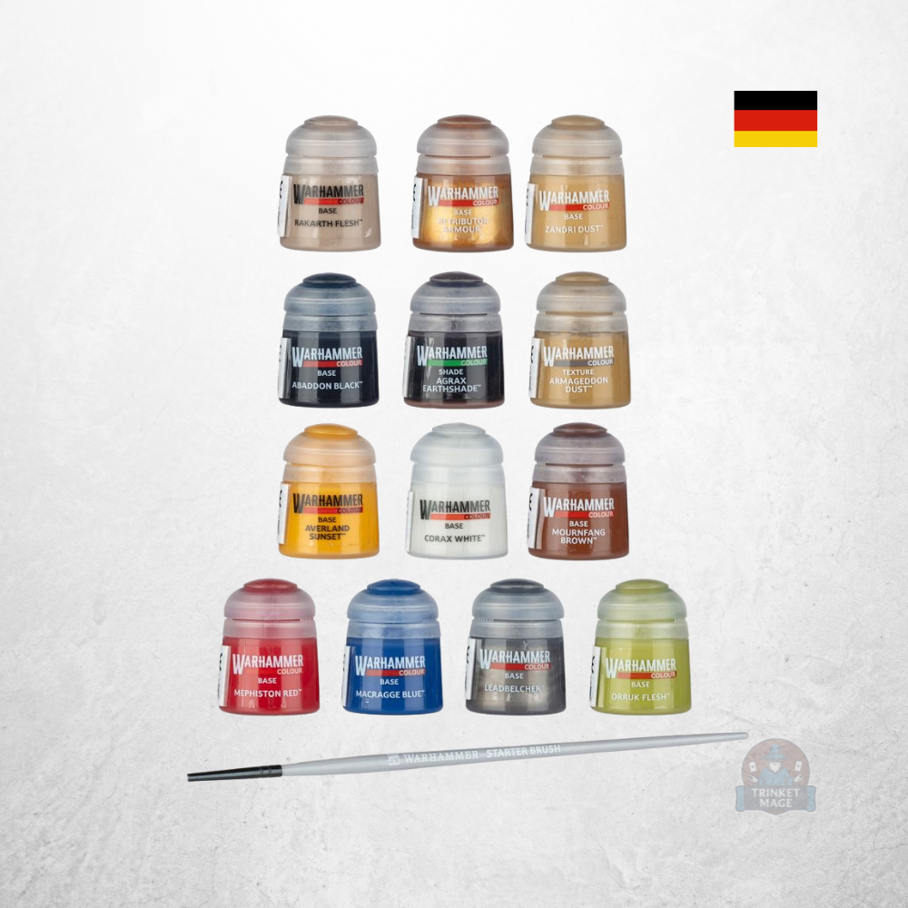 Inhalt des Warhammer 40.000 Farben + Werkzeuge Sets mit 13 Citadel-Farben und einem Starterpinsel.
