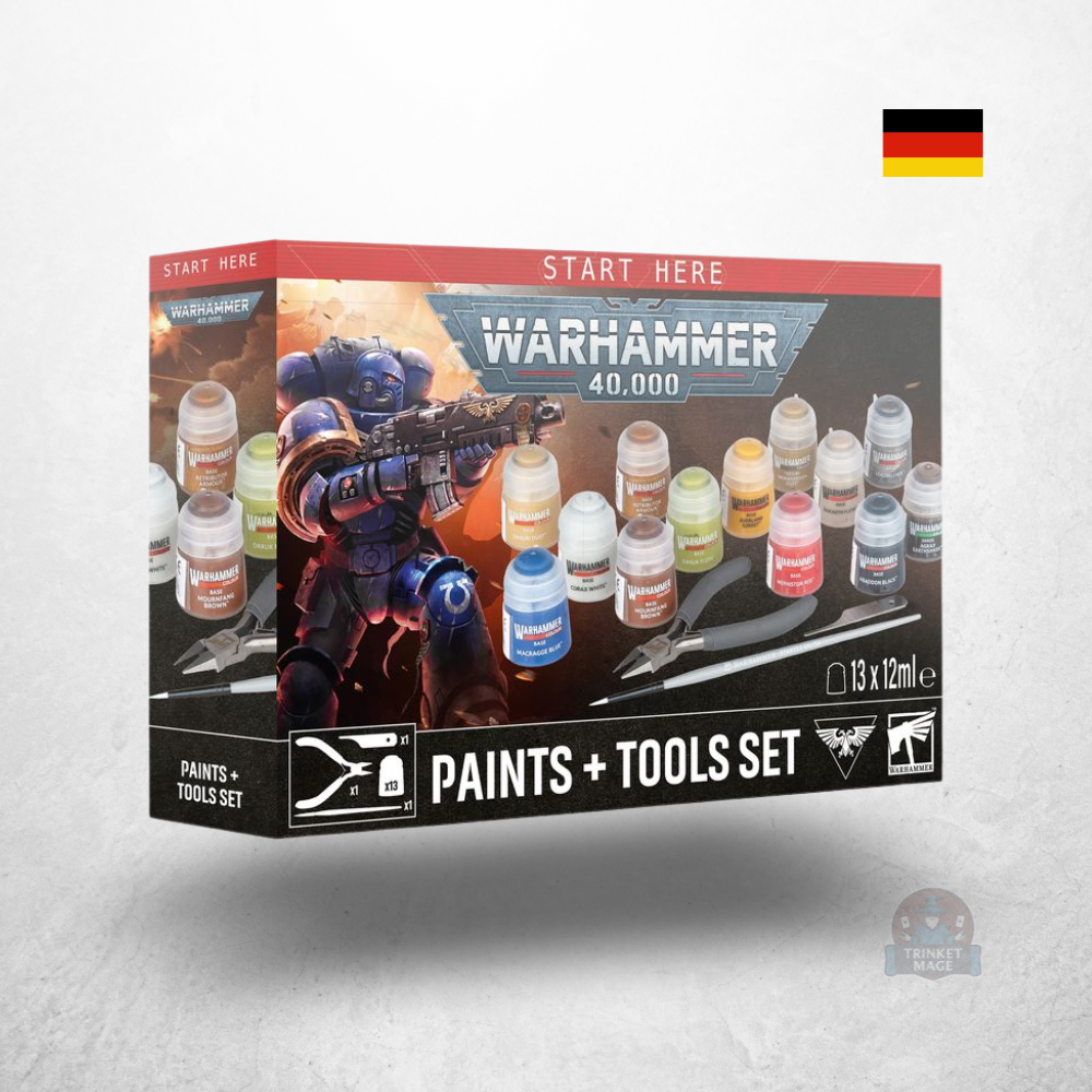 Verpackung des Warhammer 40.000 Farben + Werkzeuge Sets mit 13 Citadel-Farben, Starterpinsel und Seitenschneider.