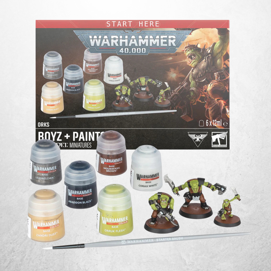 Warhammer 40.000 Orks – Boyz + Farbe (60-05) Starterset mit Farben, Pinsel und drei Ork-Miniaturen in Produktdarstellung.