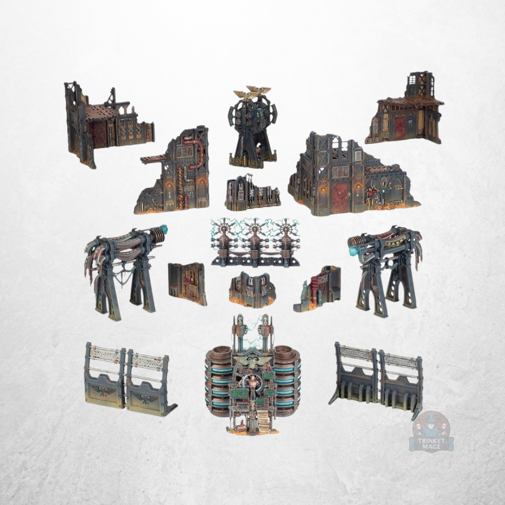 Warhammer 40.000 Starterset Deutsch mit Geländeteilen und Ruinen für das Tabletop-Spielfeld.