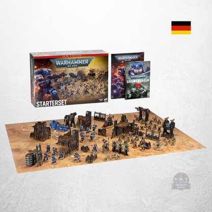 Warhammer 40.000 Starterset Deutsch mit Miniaturen, Gelände, Spielmatte, Grundregeln und Produktverpackung.