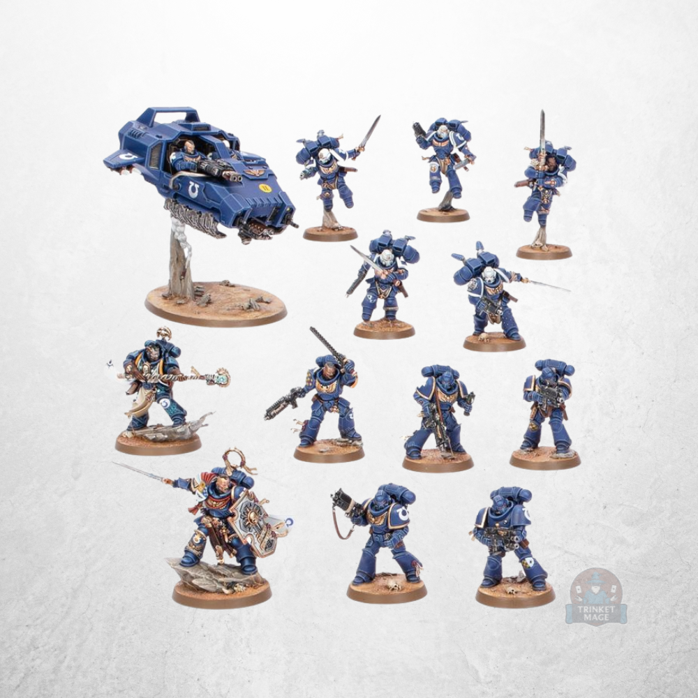Warhammer 40.000 Starterset Deutsch mit Space-Marine-Miniaturen und einem Gleitfahrzeug als Produktinhalt.