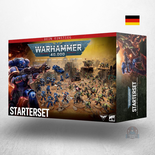 Warhammer 40.000 Starterset Deutsch in der Produktverpackung mit Space Marines und Orks auf der Vorderseite.