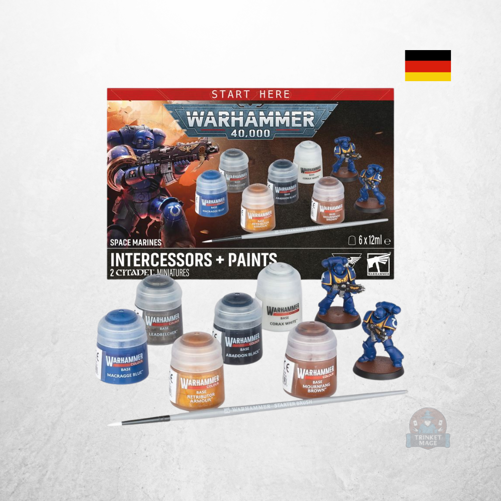 Warhammer 40.000 Starterset Space Marines mit Verpackung, zwei Miniaturen, sechs Citadel-Farben und Starterpinsel.
