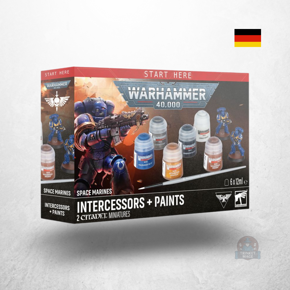 Verpackung des Warhammer 40.000 Startersets Space Marines mit zwei Miniaturen, sechs Citadel-Farben und Starterpinsel.