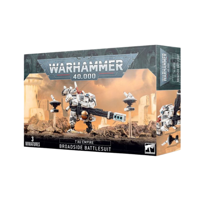 Warhammer 40k T’au Empire Broadside Battlesuit Box mit Kampfanzug und Drohnen, Miniaturen Set Frontansicht