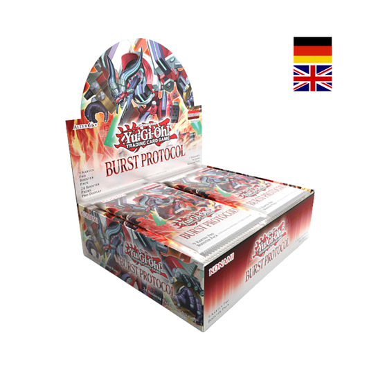 Yu-Gi-Oh! Burst Protocol Booster Display mit 24 Boostern auf Deutsch oder Englisch in geöffneter Displaybox von Konami für Sammler und Spieler