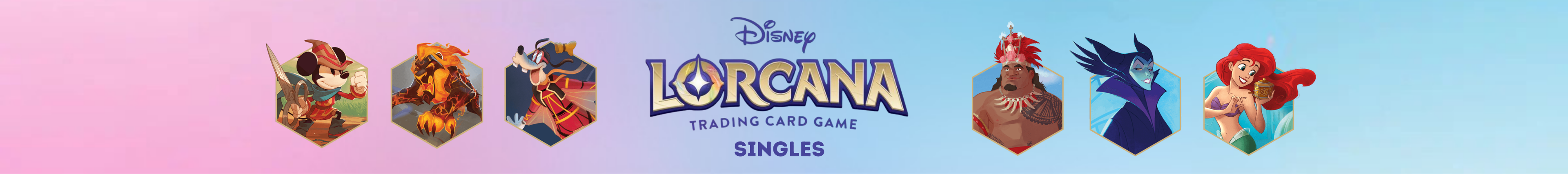 Desktop-Banner mit Disney-Lorcana-Logo, dem Schriftzug Singles und ausgewählten Charakteren.
