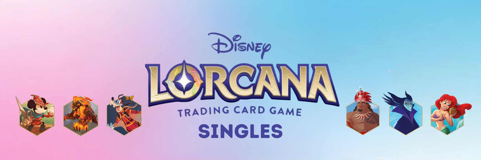 Mobiles Banner mit Disney-Lorcana-Logo und dem Schriftzug Singles auf Farbverlauf.