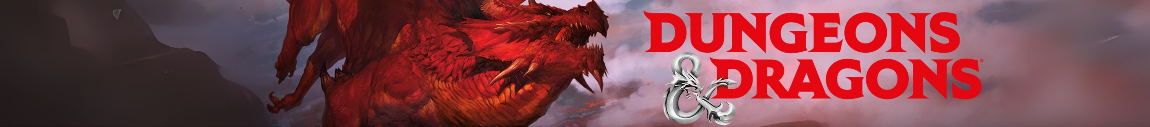 Dungeons & Dragons Banner mit rotem Drachen und großem Dungeons & Dragons Logo.