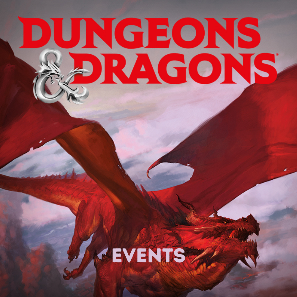 Dungeons & Dragons Events Kachel mit rotem Drachenmotiv und Dungeons & Dragons Logo für die Eventübersicht.