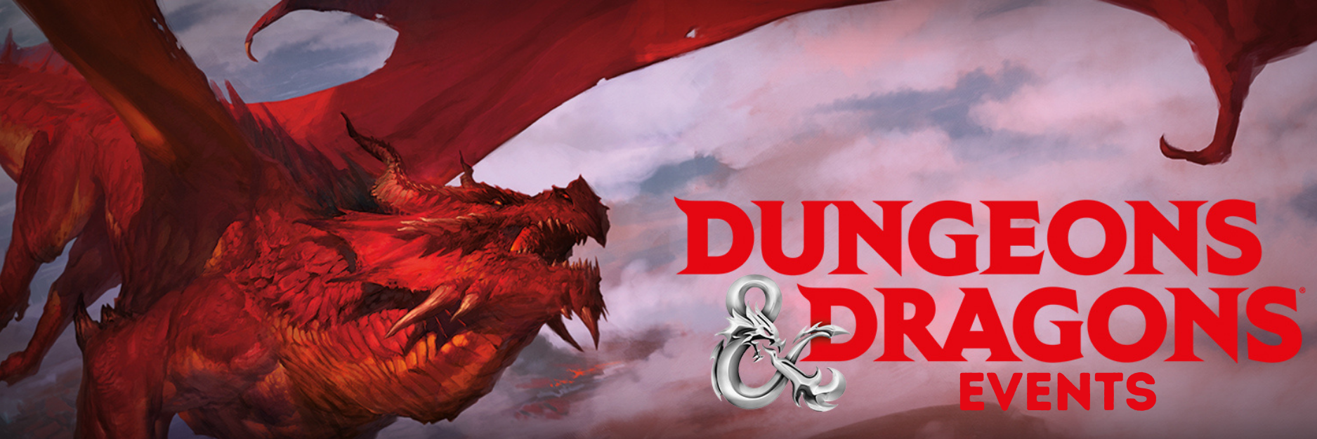 Dungeons & Dragons Events Banner mit rotem Drachen und Dungeons & Dragons Logo.