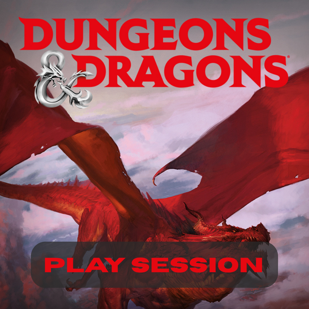 Dungeons & Dragons Play Session Grafik mit rotem Drachen und Dungeons & Dragons Logo.