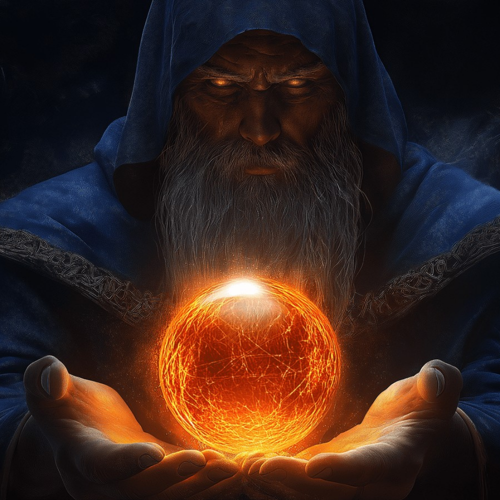 Fantasy-Magier mit leuchtender Kugel als Motiv für einen Geschenkgutschein im Sammelkartenbereich.