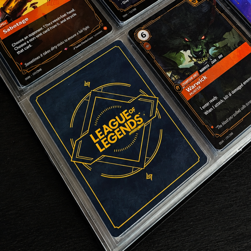 Rückseite einer League of Legends Riftbound Sammelkarte in einem Sammelkartenordner.