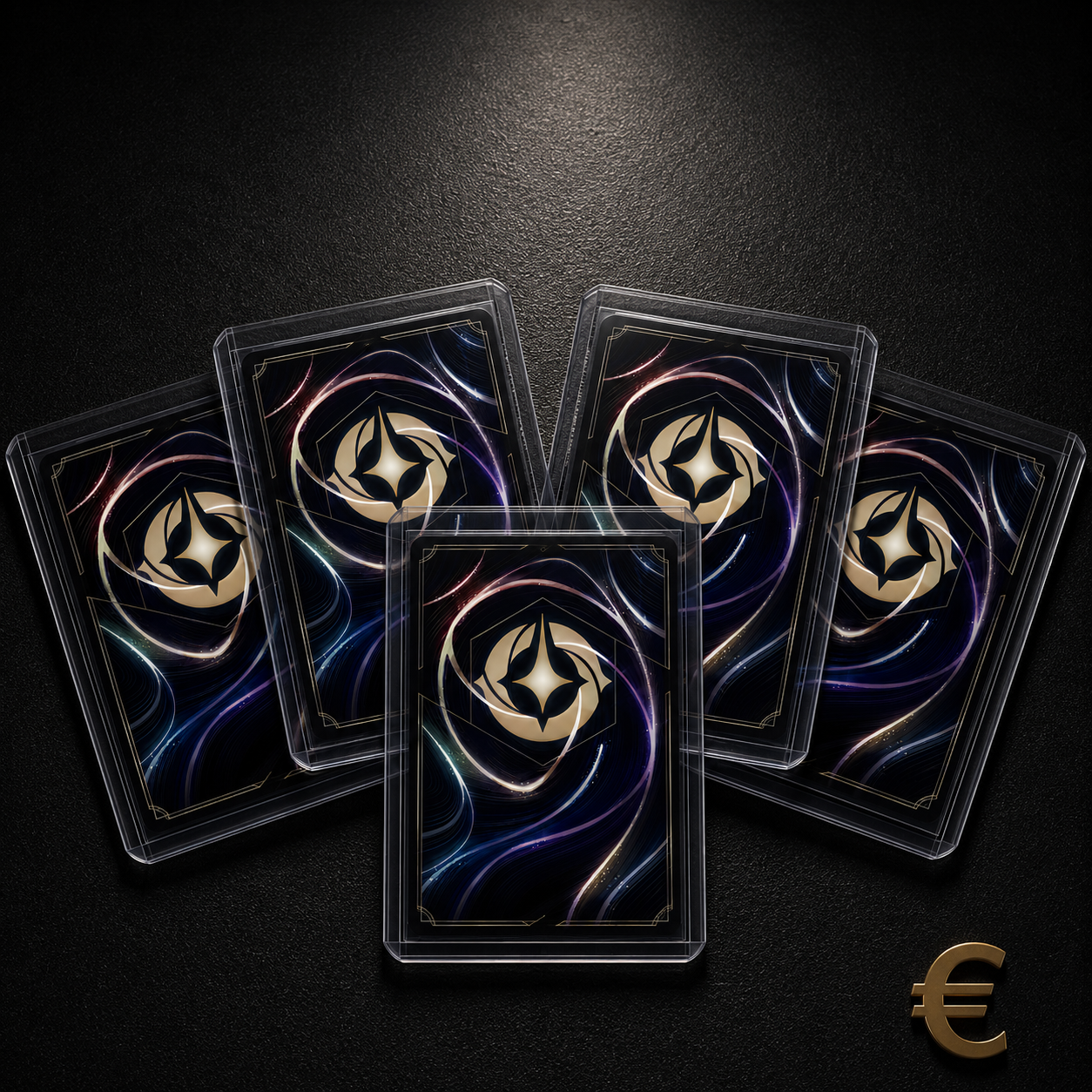 Fünf Sammelkarten in Toploadern mit Euro-Symbol als Illustration für den Ankauf von Lorcana-Karten.