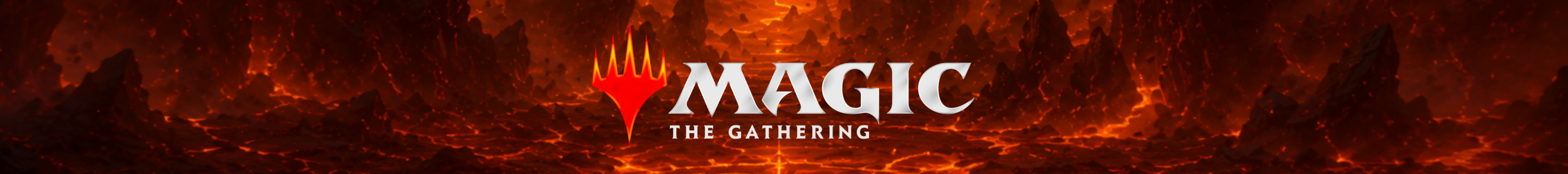 Desktop-Banner mit Magic: The Gathering Logo vor einer vulkanischen Fantasy-Landschaft.