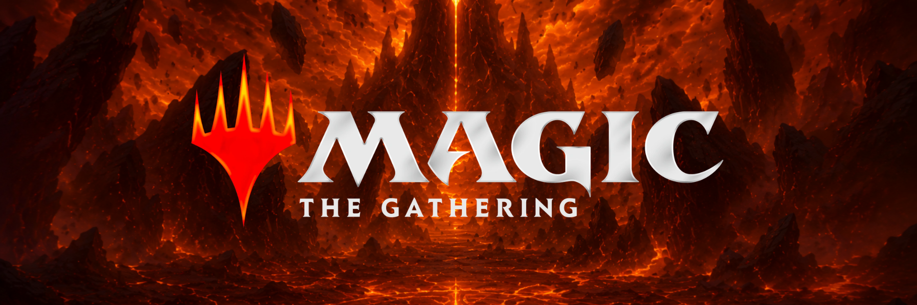 Mobiles Banner mit Magic: The Gathering Logo vor einer vulkanischen Fantasy-Landschaft.