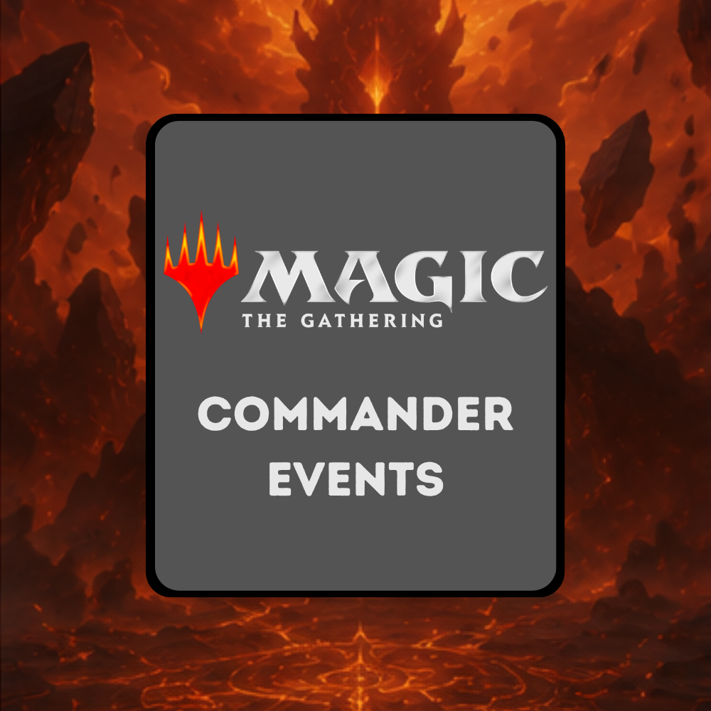 Kategoriebild für Magic: The Gathering Commander Events mit Logo auf einer vulkanischen Fantasy-Landschaft.