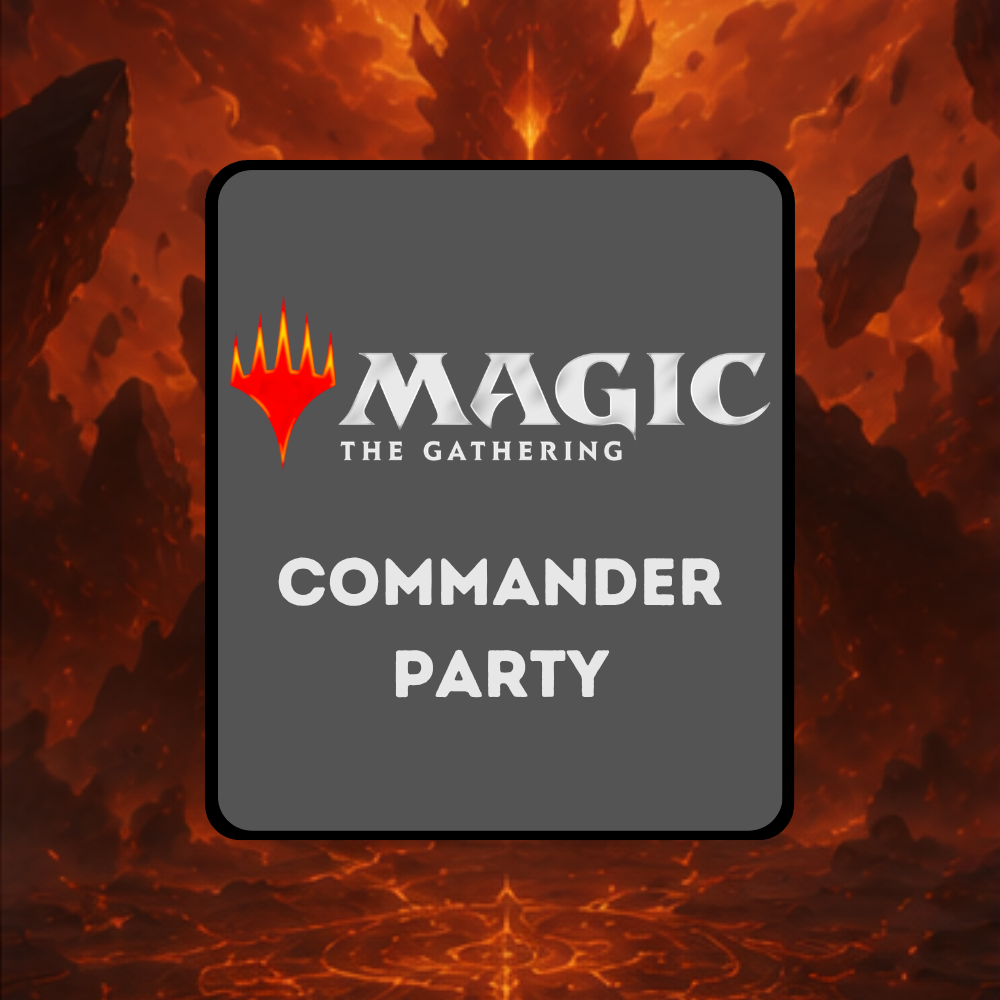 Kategoriebild für Magic: The Gathering Commander Party mit Logo auf einer vulkanischen Fantasy-Landschaft.