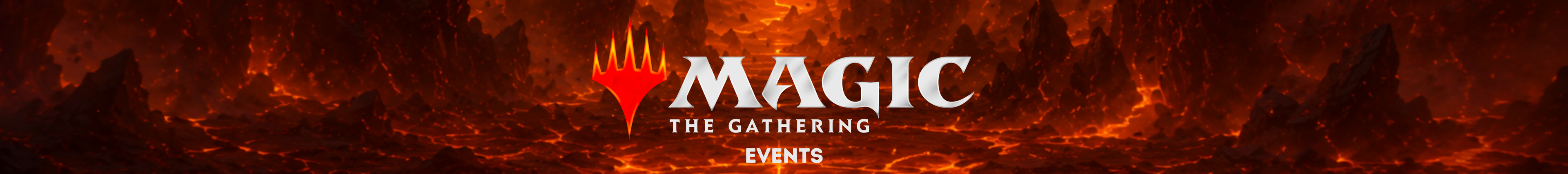 Desktop-Banner mit Magic: The Gathering Logo und dem Schriftzug Events vor einer vulkanischen Fantasy-Landschaft.