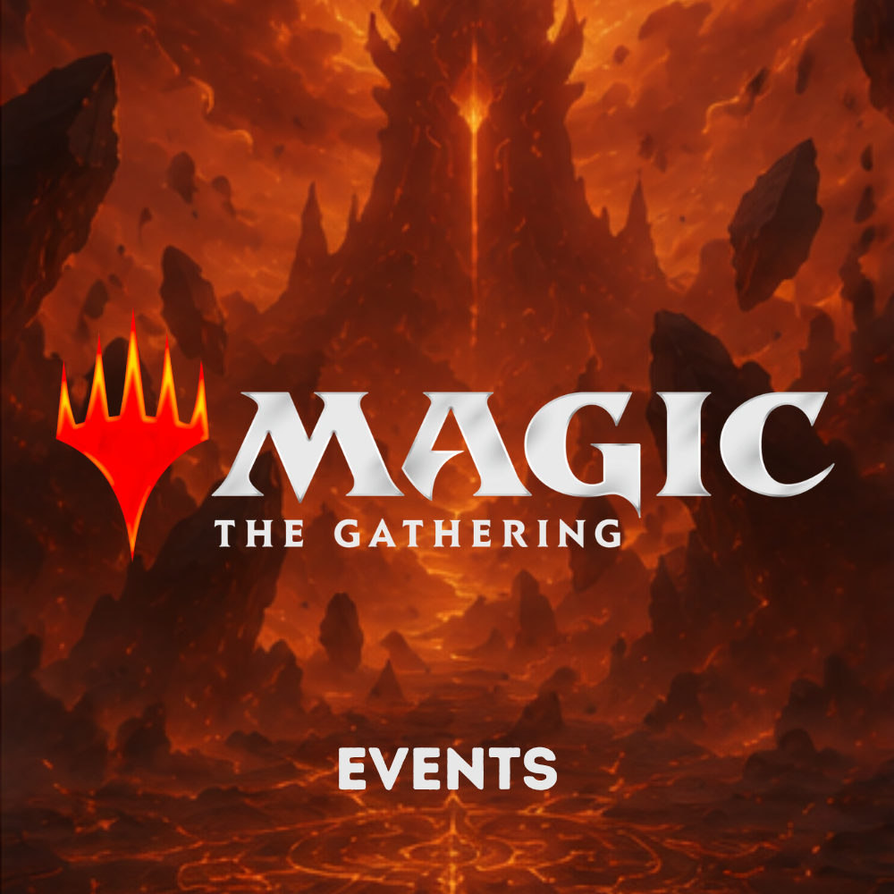 Kategoriebild für Magic: The Gathering Events mit Logo auf einer vulkanischen Fantasy-Landschaft.