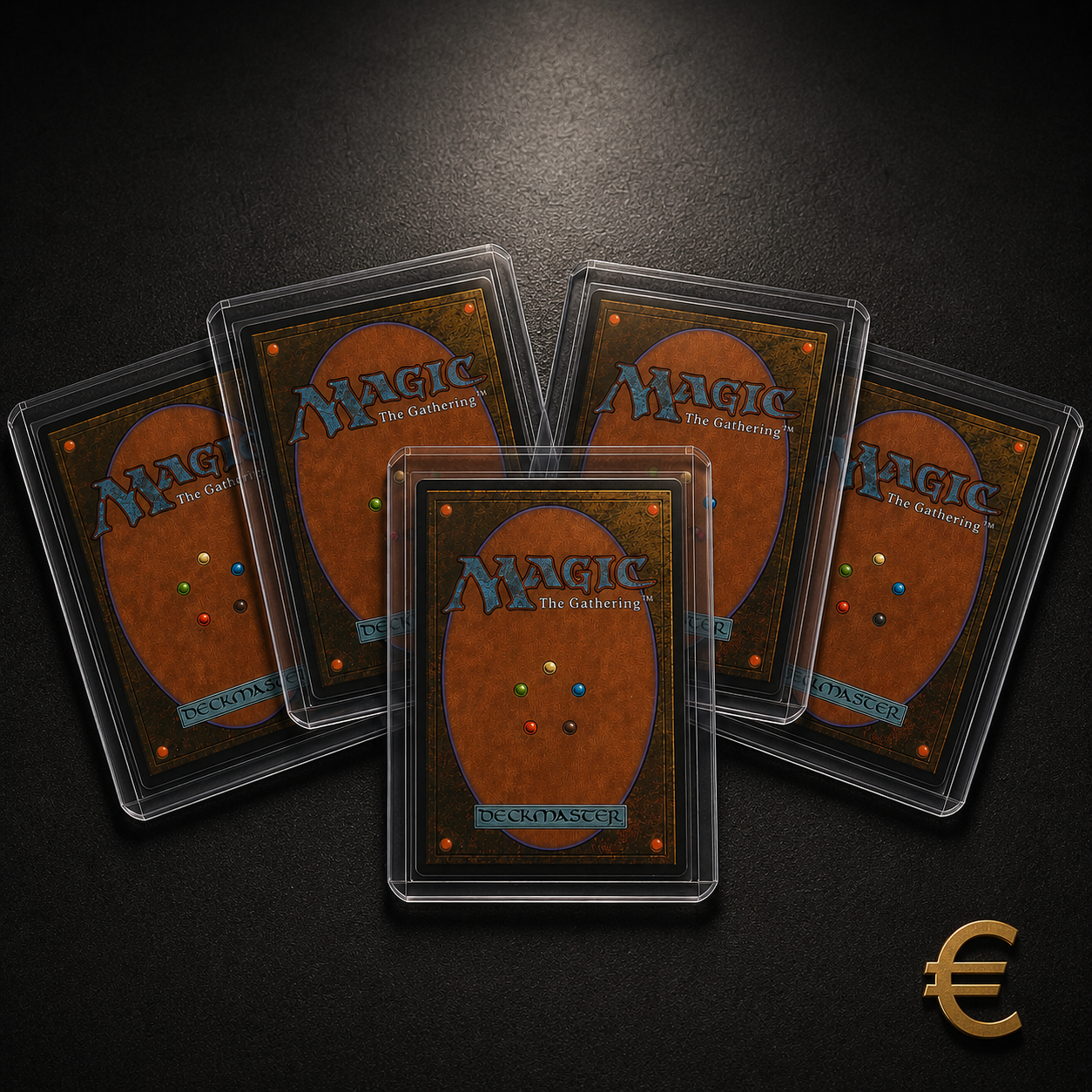 Fünf Magic: The Gathering Karten in Toploadern mit Euro-Symbol als Illustration für den Ankauf von Sammelkarten.