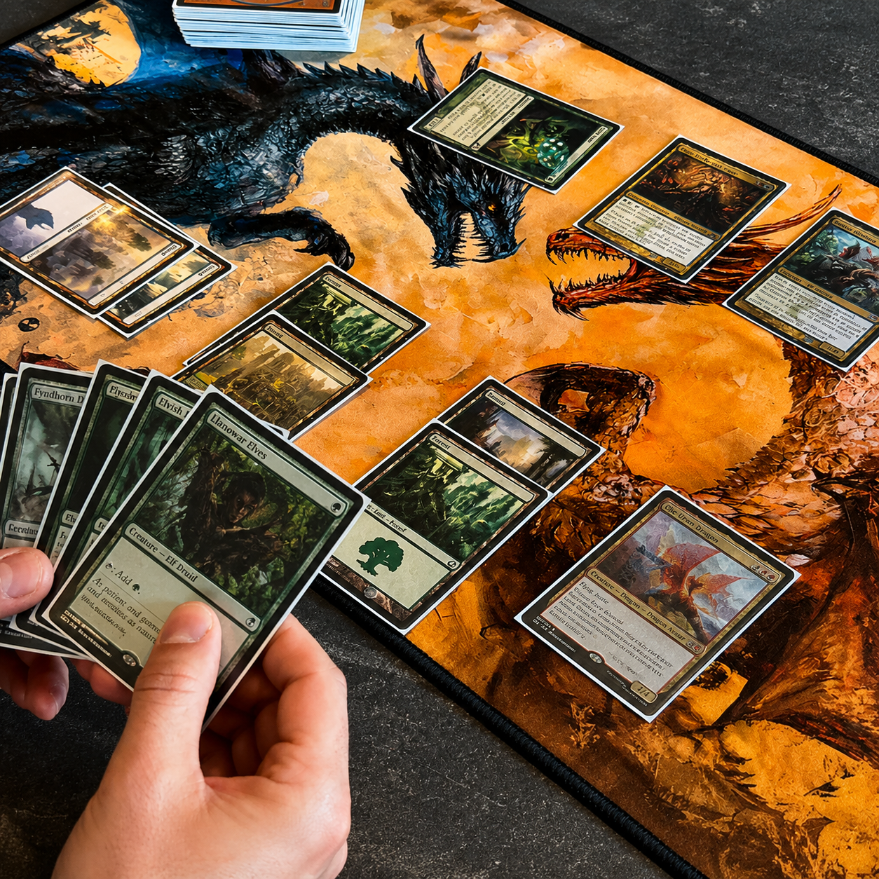 Magic: The Gathering Spielszene mit Spielmatte, Karten und einer Hand voller Sammelkarten.
