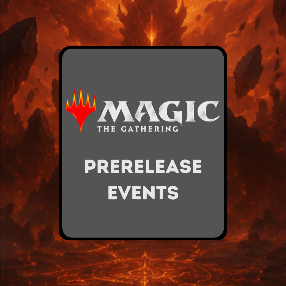 Kategoriebild für Magic: The Gathering Prerelease Events mit Logo auf einer vulkanischen Fantasy-Landschaft.