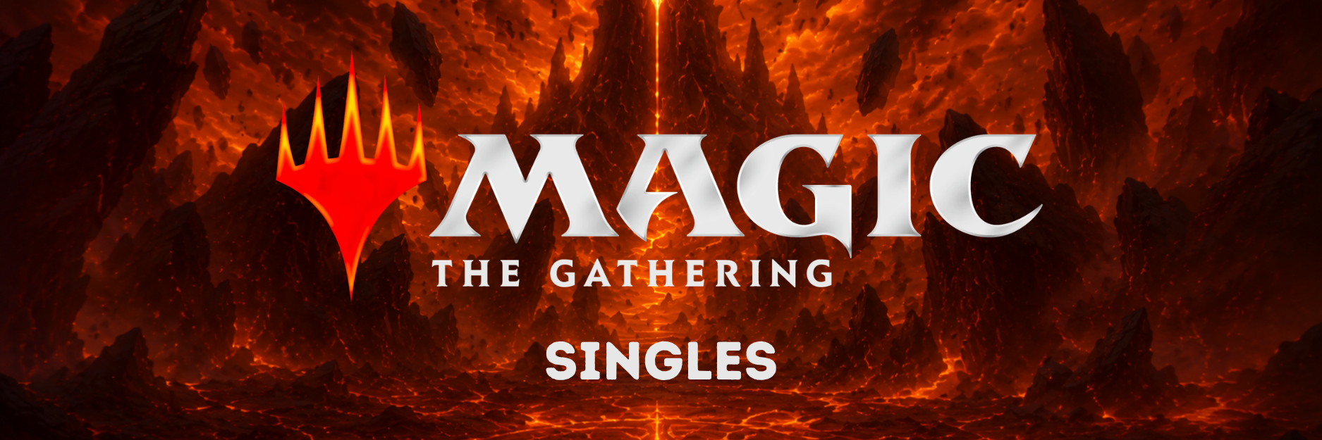 Mobiles Banner für Magic: The Gathering Einzelkarten mit Logo vor einer vulkanischen Fantasy-Landschaft.