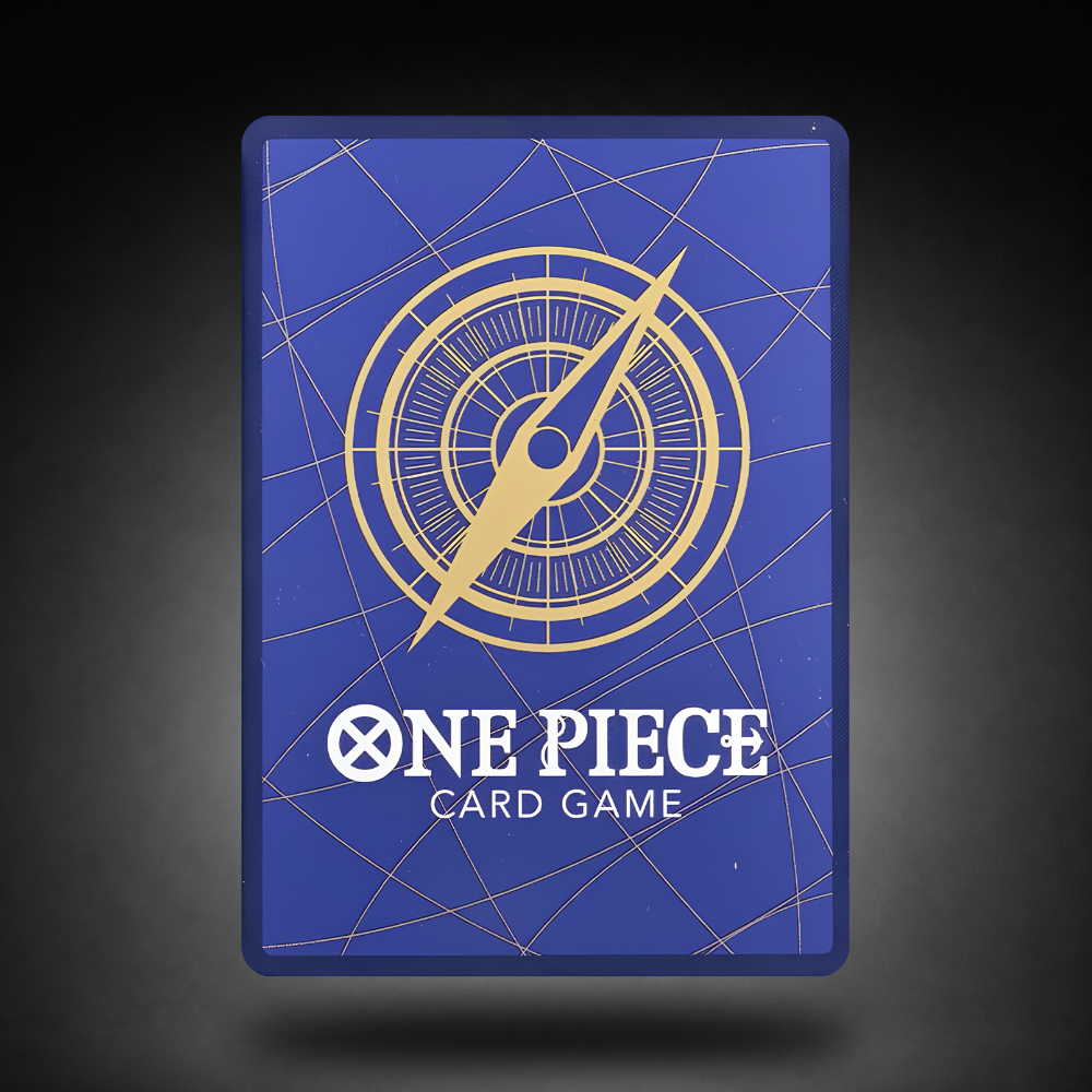 Rückseite einer One Piece Card Game Sammelkarte mit goldenem Kompassmotiv auf blauem Hintergrund.