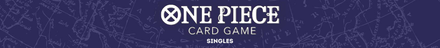 Desktop-Banner für One Piece Card Game Singles mit Logo auf einem stilisierten Kartenhintergrund.