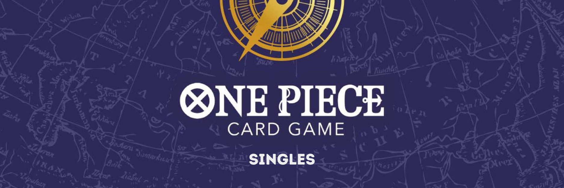 Mobiles Banner für One Piece Card Game Singles mit Logo auf einem stilisierten Kartenhintergrund.