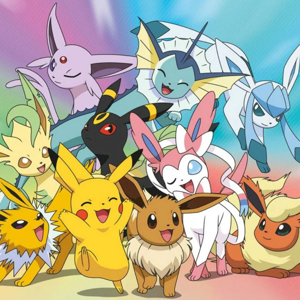 Pokémon Artwork mit Pikachu, Evoli und allen Evoli-Entwicklungen auf buntem Regenbogen-Hintergrund